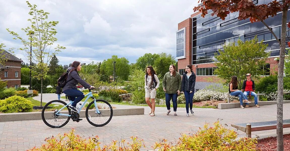 Students walking and cycling along a landscaped path on the Algoma University campus